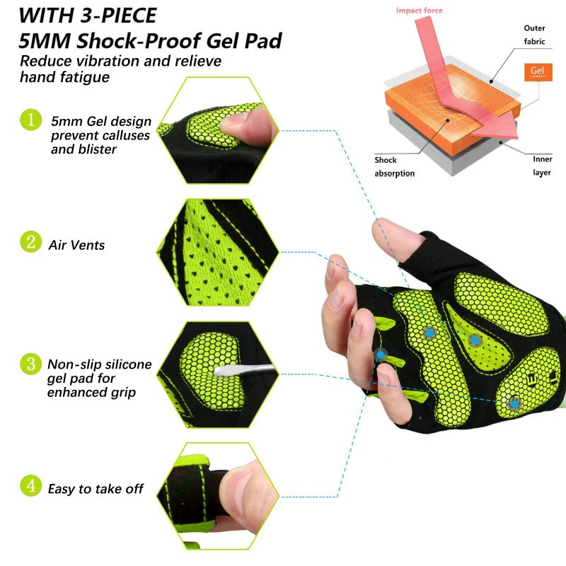 MOREOK Cycling Gloves Bike Gloves for Men/Women-[5MM Gel Pad] Half Finger Bicycle Biking Gloves for Cycling/Weight Lifting/Gym/Motorcycle/Rowing/Outdoor Sports-050-GREEN-L - Image 2